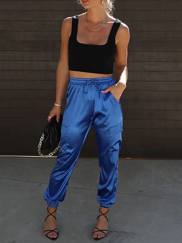 Ankle-Tied Drawstring Elasticity Pockets Solid Color Pants Trousers