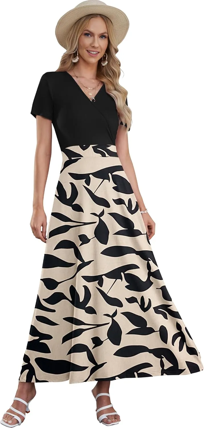 AUSELILY Maxi Dresses for Women Ankle Length Floral Print Beach Long Flowy Dress with Pockets