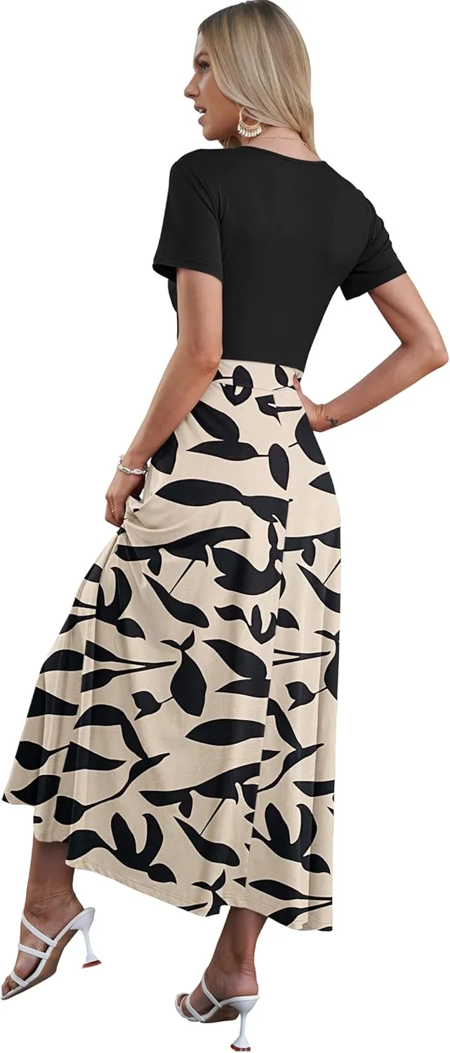 AUSELILY Maxi Dresses for Women Ankle Length Floral Print Beach Long Flowy Dress with Pockets