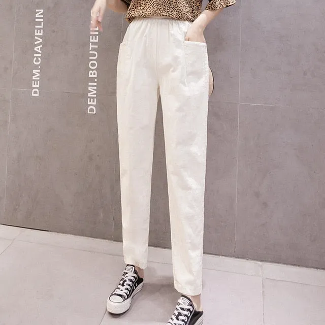 Cotton Linen Ankle Length Pants Women's Spring Summer Casual Trousers Pencil Casual Pants Striped Women's Trousers Green Pink