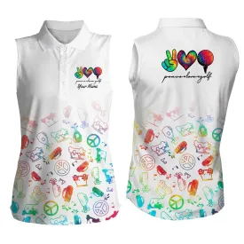 custom watercolor peace love golf Women's sleeveless polo shirts, personalized golf shirt for women