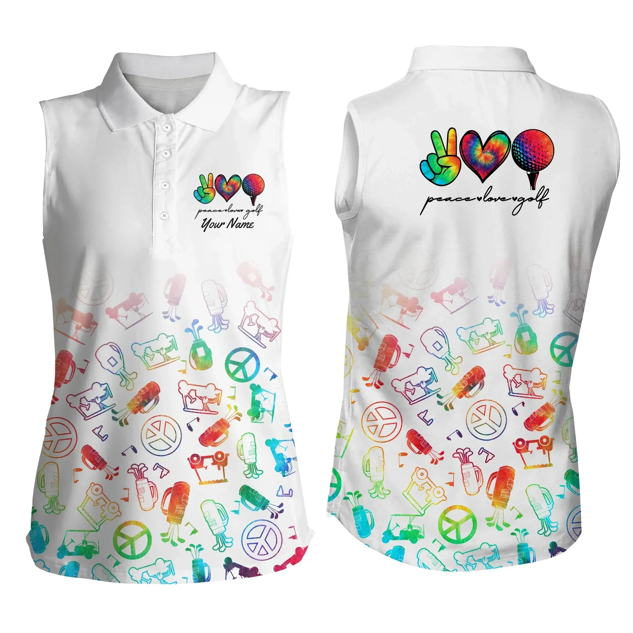 custom watercolor peace love golf Women's sleeveless polo shirts, personalized golf shirt for women