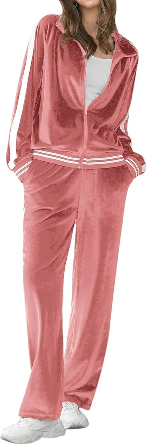 Ekouaer Women's Velvet Velor Tracksuits 2 Piece Lounge Outfits Zip Up Sweatshirt and Sweatpants with Pockets S-3XL