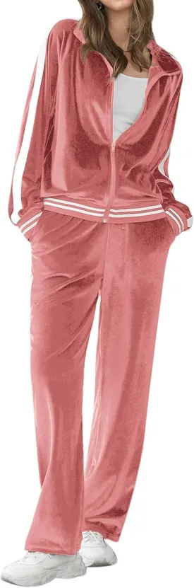 Ekouaer Women's Velvet Velor Tracksuits 2 Piece Lounge Outfits Zip Up Sweatshirt and Sweatpants with Pockets S-3XL