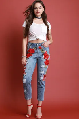 Floral Embroidered Distressed Boyfriend Denim Jeans
