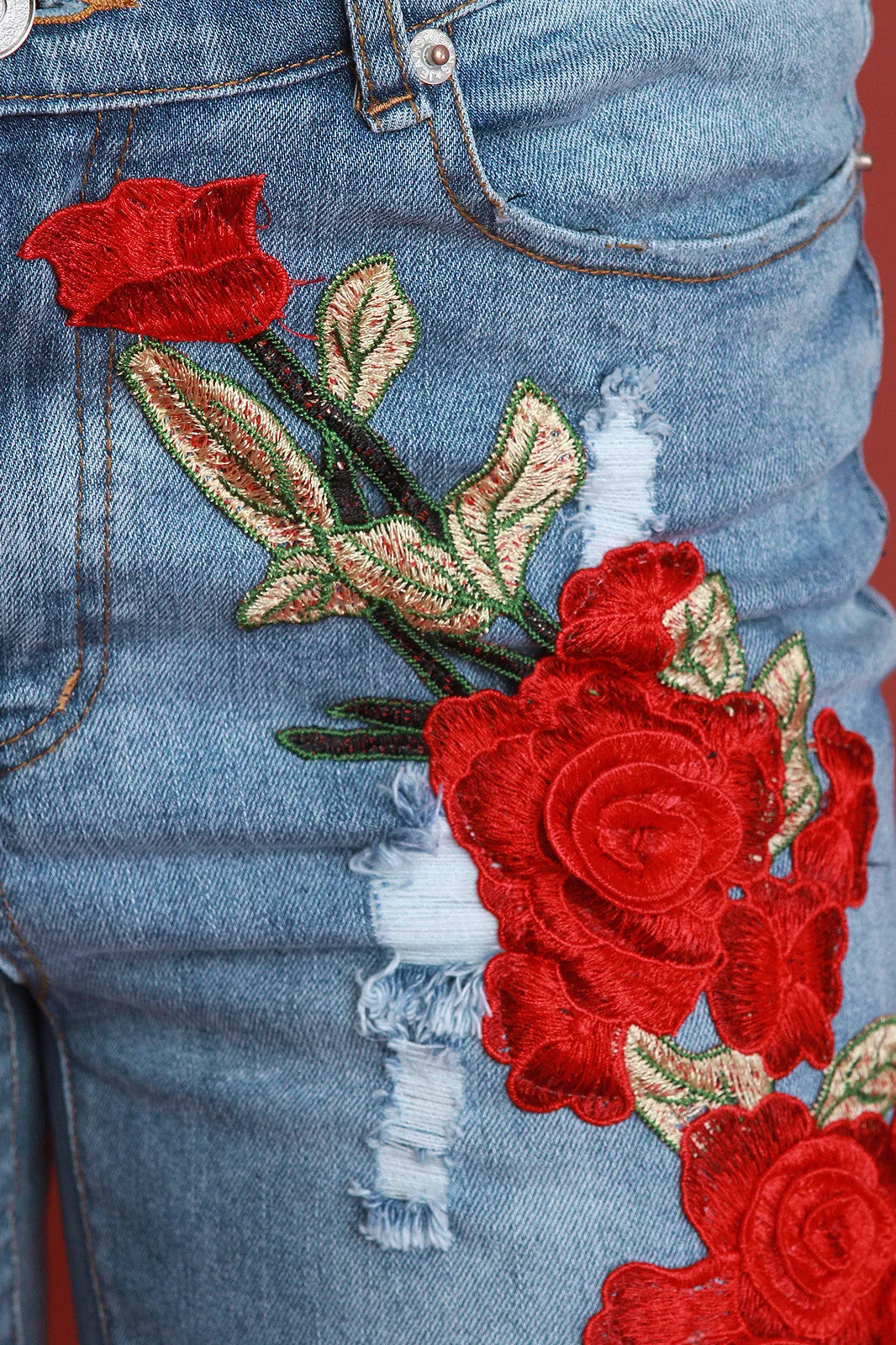 Floral Embroidered Distressed Boyfriend Denim Jeans