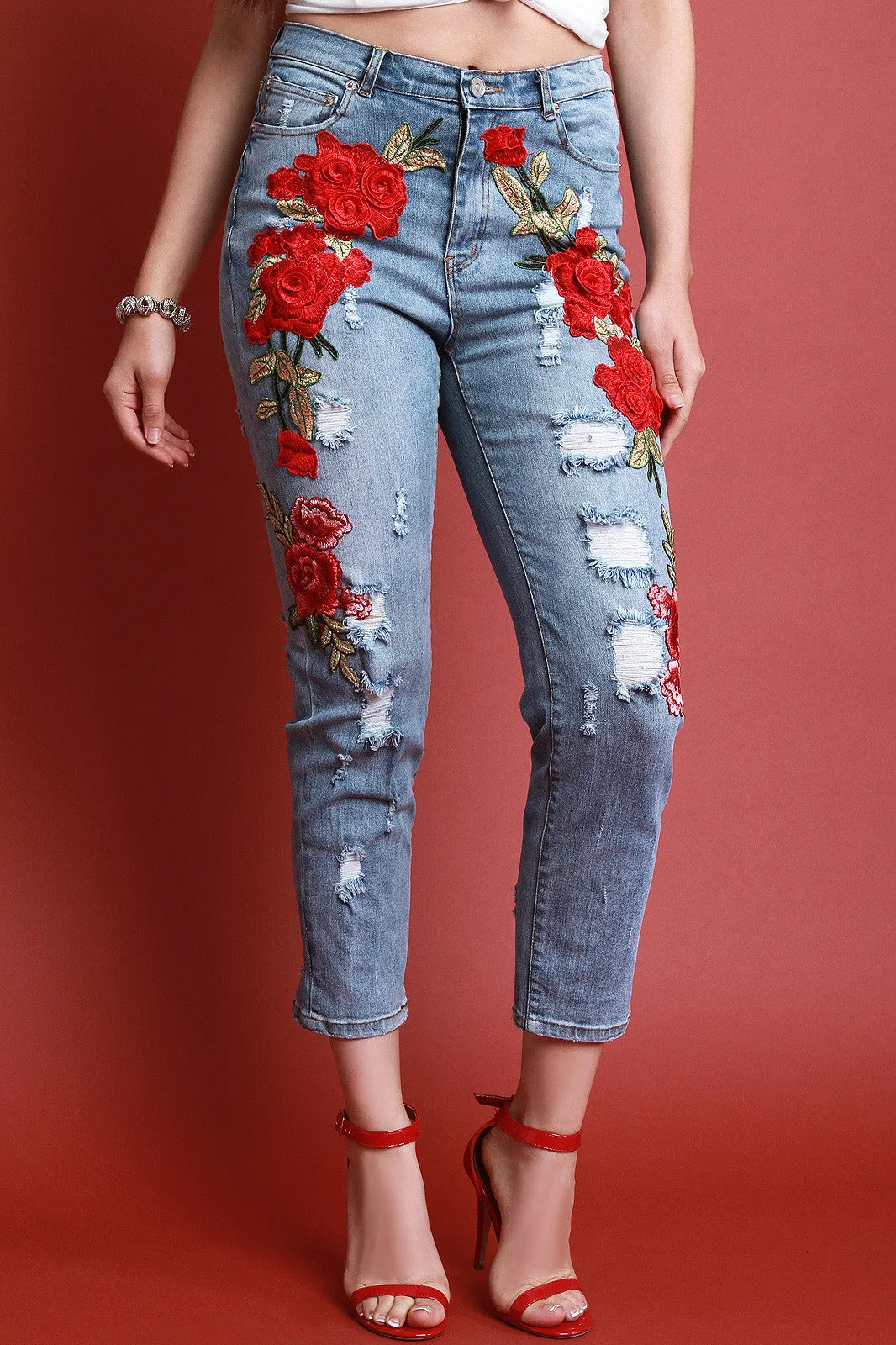 Floral Embroidered Distressed Boyfriend Denim Jeans