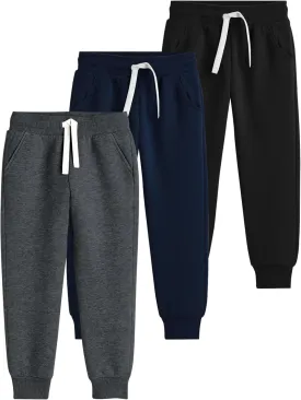 Flygo 3 Pack Boys Sweatpants Kids Active Joggers Athletic Casual Basic Pull On Pants with Pockets Drawstring
