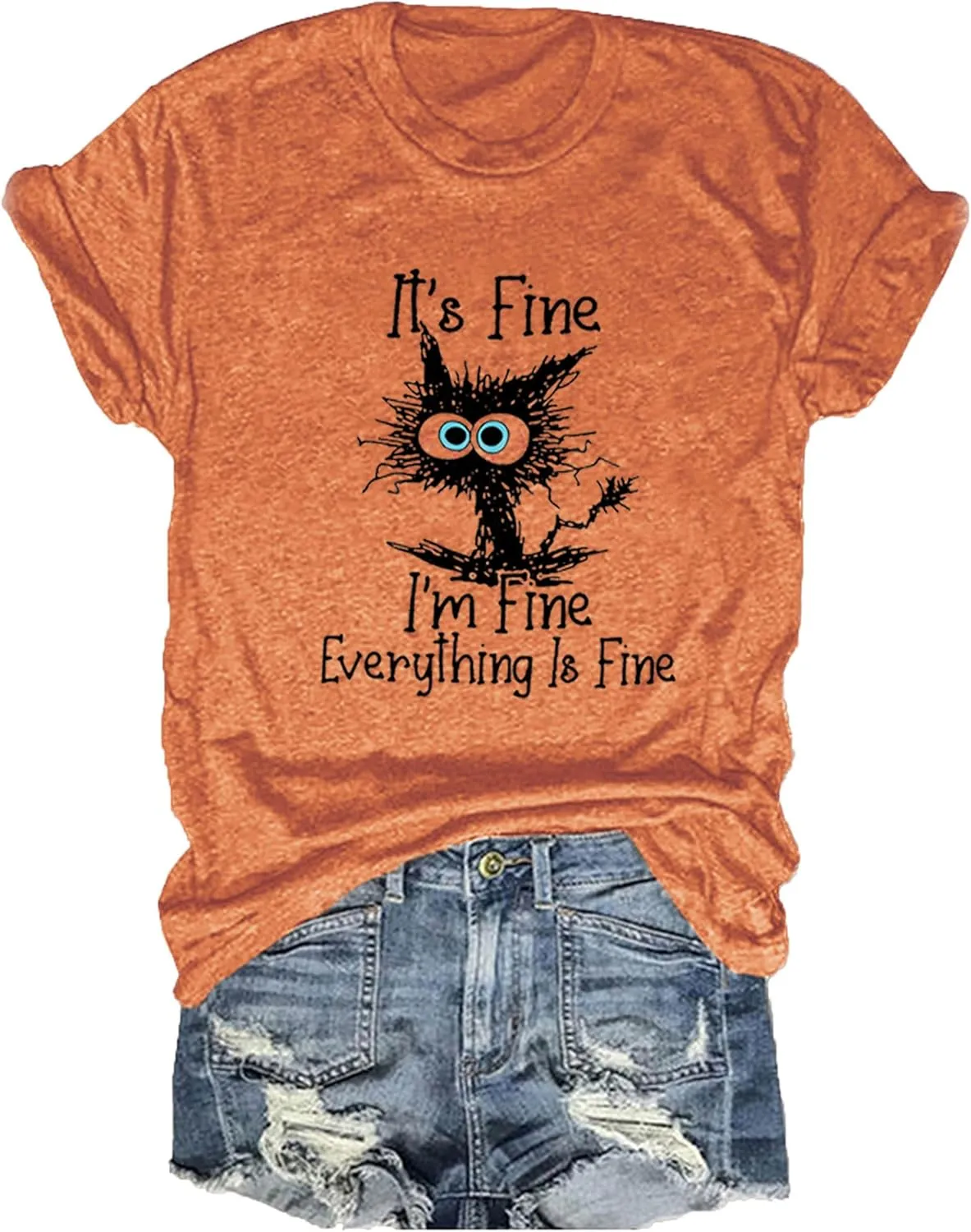 Funny Cat T Shirts for Women Everything is Fine Graphic Tees Casual Short Sleeve Summer Tops Crewneck Shirt