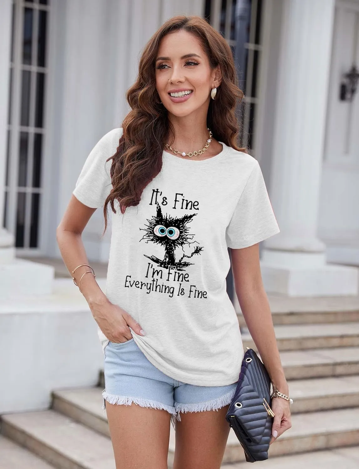 Funny Cat T Shirts for Women Everything is Fine Graphic Tees Casual Short Sleeve Summer Tops Crewneck Shirt