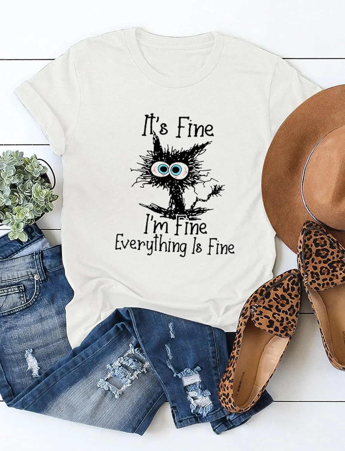 Funny Cat T Shirts for Women Everything is Fine Graphic Tees Casual Short Sleeve Summer Tops Crewneck Shirt