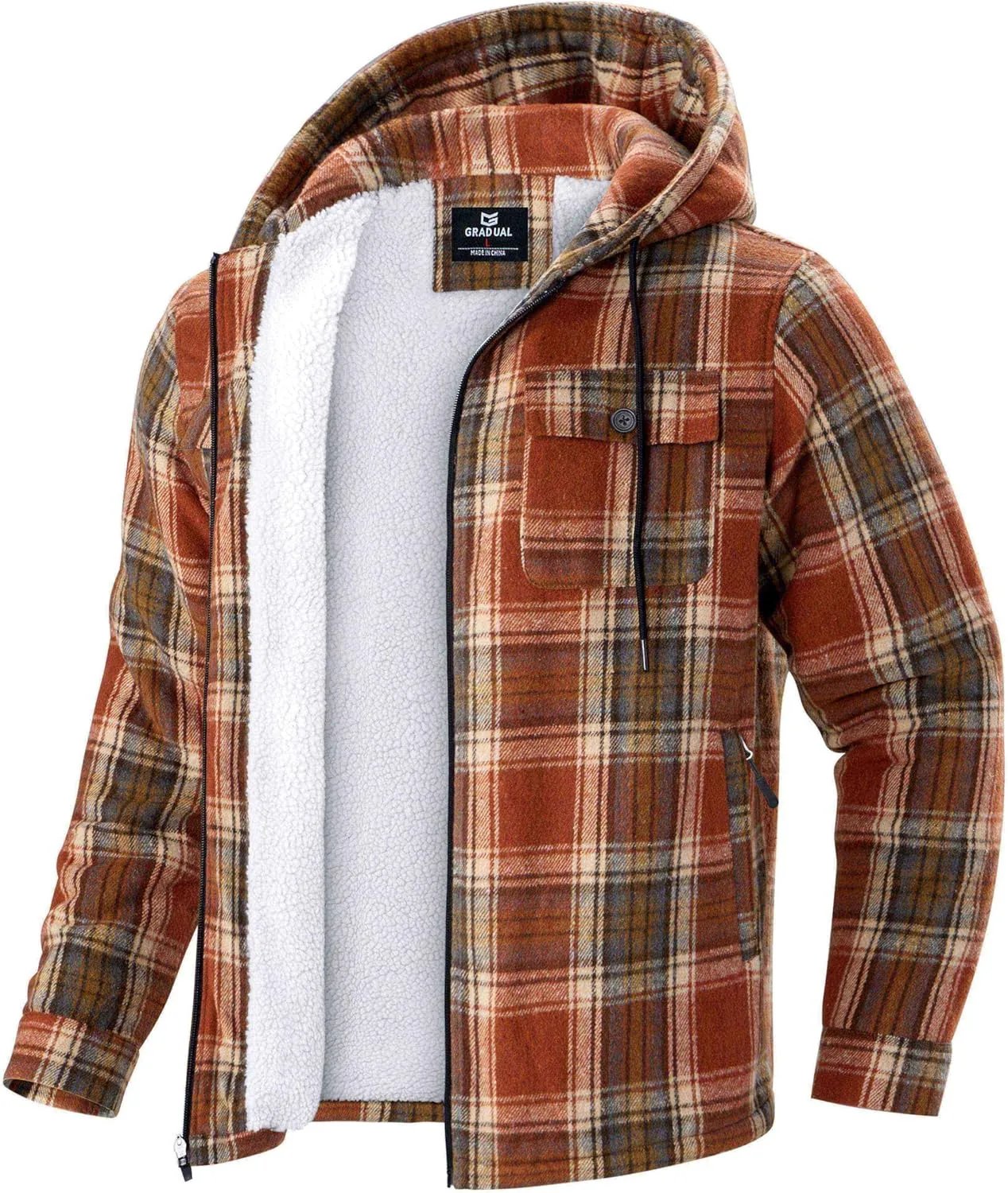 G Gradual Men's Flannel Jacket Fleece Sherpa Lined Hoodies Zip Up Plaid Shirt Warm Winter Jackets for Men with Zipper Pockets
