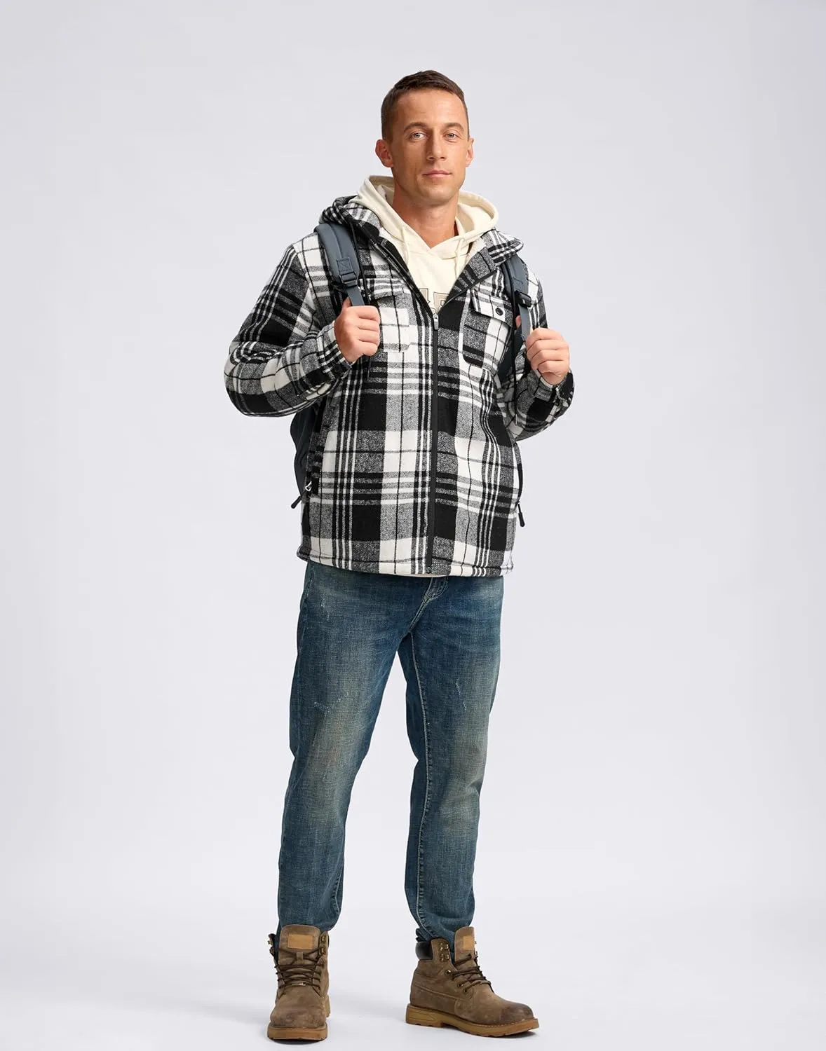 G Gradual Men's Flannel Jacket Fleece Sherpa Lined Hoodies Zip Up Plaid Shirt Warm Winter Jackets for Men with Zipper Pockets