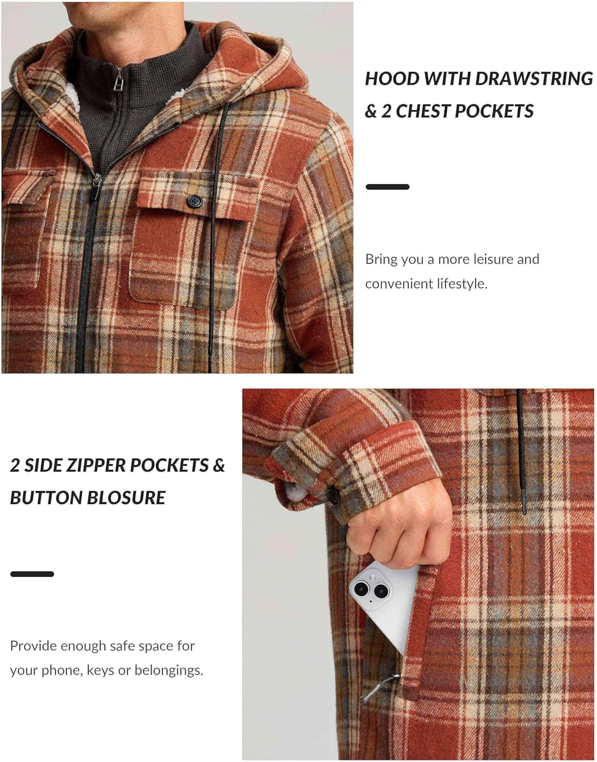 G Gradual Men's Flannel Jacket Fleece Sherpa Lined Hoodies Zip Up Plaid Shirt Warm Winter Jackets for Men with Zipper Pockets