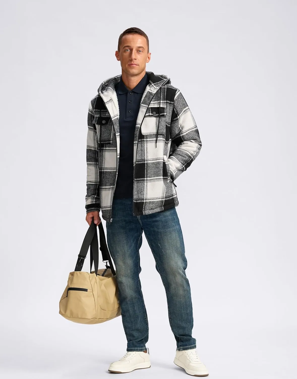 G Gradual Men's Flannel Jacket Fleece Sherpa Lined Hoodies Zip Up Plaid Shirt Warm Winter Jackets for Men with Zipper Pockets