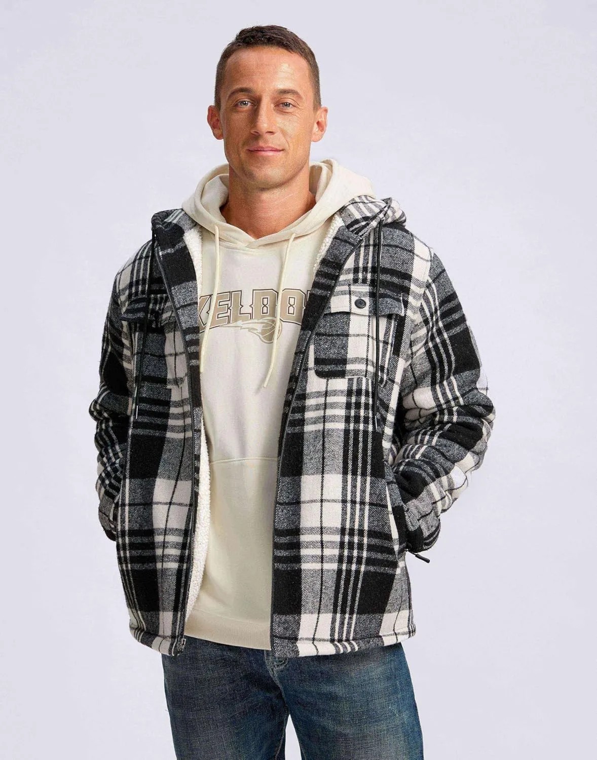 G Gradual Men's Flannel Jacket Fleece Sherpa Lined Hoodies Zip Up Plaid Shirt Warm Winter Jackets for Men with Zipper Pockets