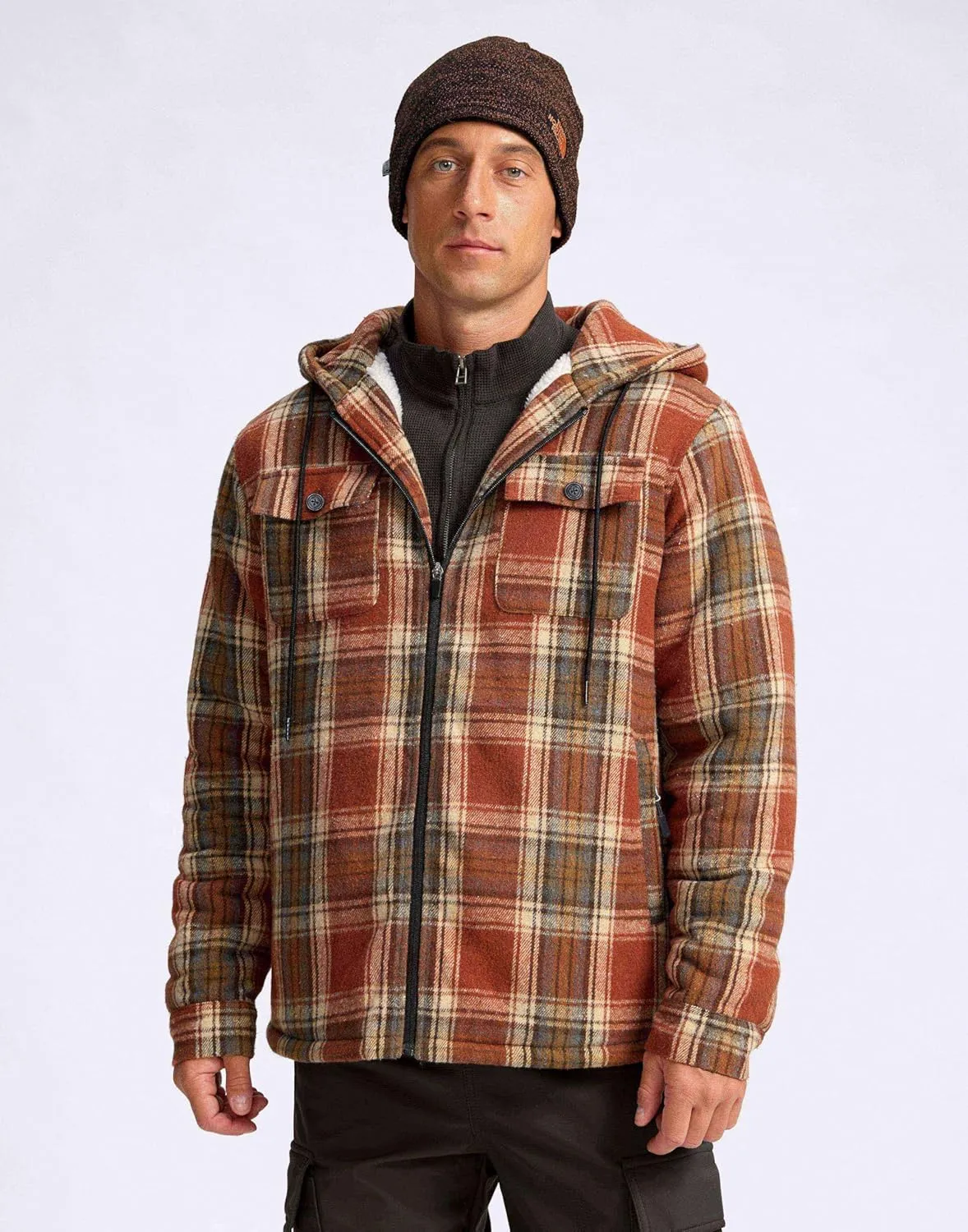 G Gradual Men's Flannel Jacket Fleece Sherpa Lined Hoodies Zip Up Plaid Shirt Warm Winter Jackets for Men with Zipper Pockets