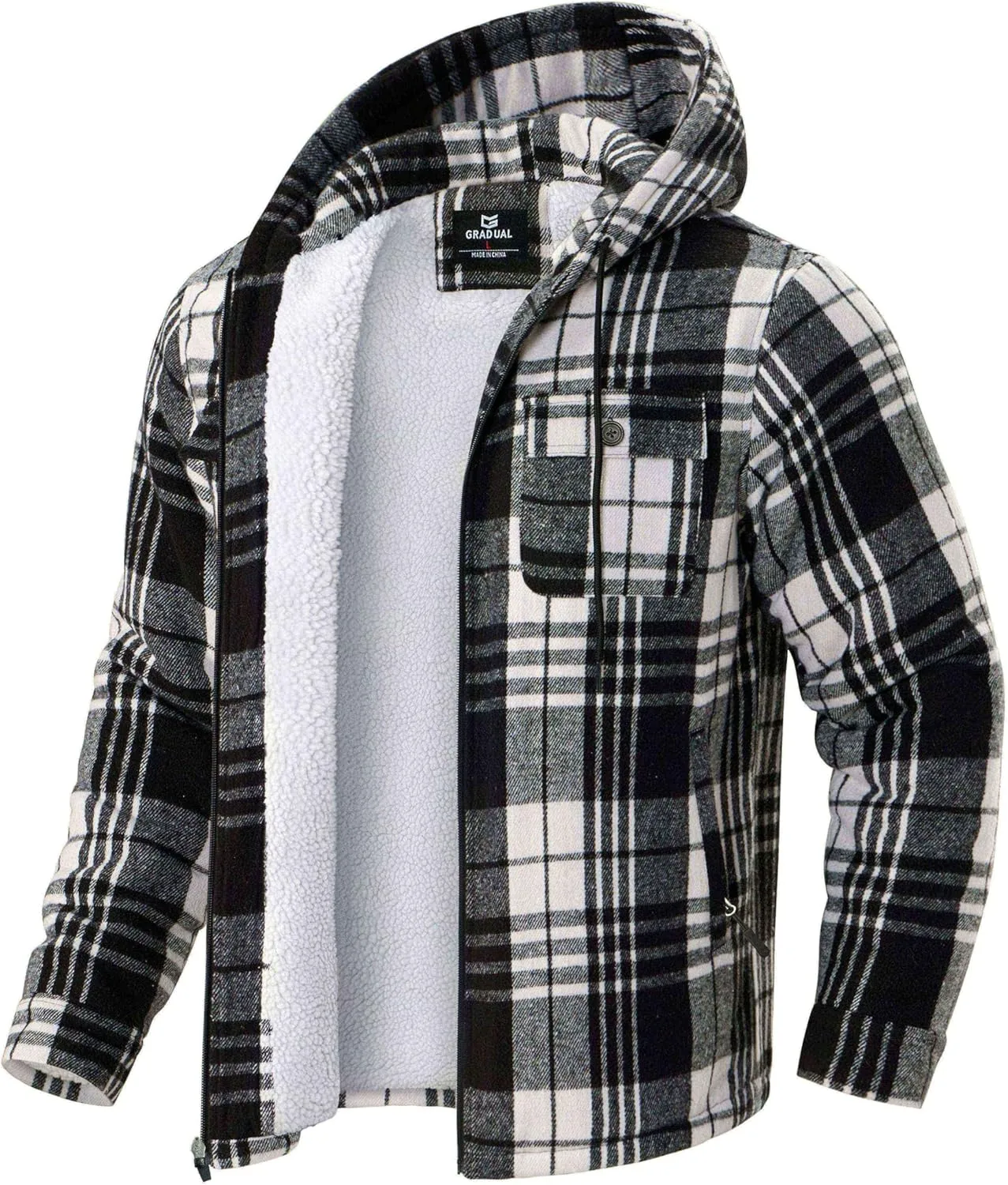G Gradual Men's Flannel Jacket Fleece Sherpa Lined Hoodies Zip Up Plaid Shirt Warm Winter Jackets for Men with Zipper Pockets
