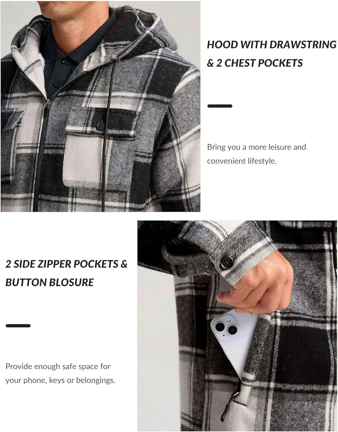 G Gradual Men's Flannel Jacket Fleece Sherpa Lined Hoodies Zip Up Plaid Shirt Warm Winter Jackets for Men with Zipper Pockets
