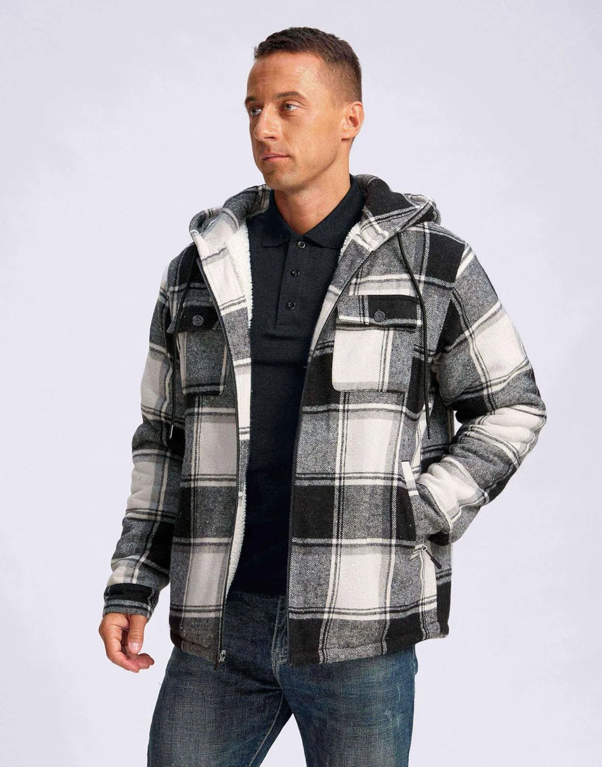 G Gradual Men's Flannel Jacket Fleece Sherpa Lined Hoodies Zip Up Plaid Shirt Warm Winter Jackets for Men with Zipper Pockets