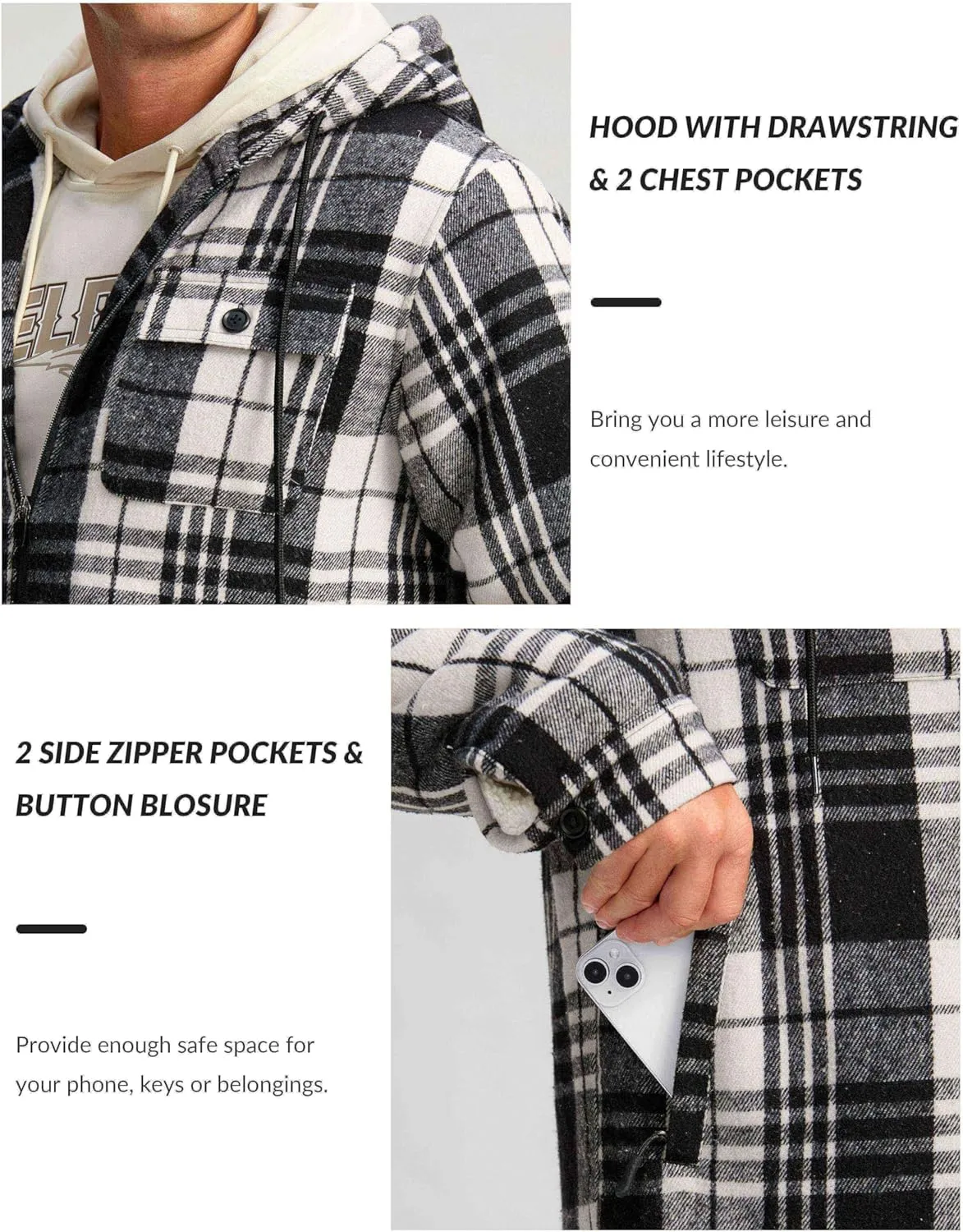 G Gradual Men's Flannel Jacket Fleece Sherpa Lined Hoodies Zip Up Plaid Shirt Warm Winter Jackets for Men with Zipper Pockets
