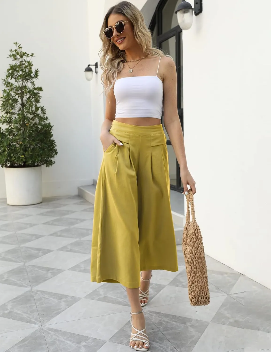 Gihuo Women' s Culottes Linen Blend Wide Leg Pants Elastic Waist Casual Palazzo Trousers with Pockets Capris