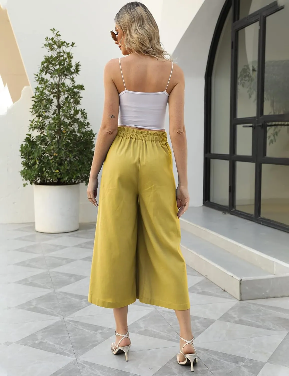 Gihuo Women' s Culottes Linen Blend Wide Leg Pants Elastic Waist Casual Palazzo Trousers with Pockets Capris