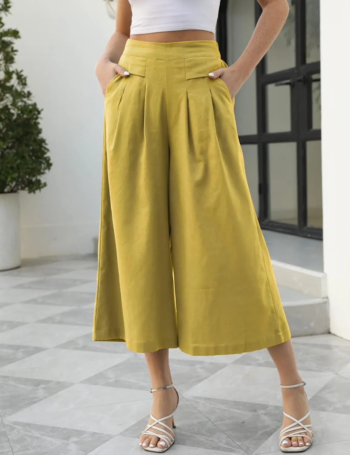 Gihuo Women' s Culottes Linen Blend Wide Leg Pants Elastic Waist Casual Palazzo Trousers with Pockets Capris
