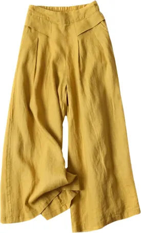 Gihuo Women' s Culottes Linen Blend Wide Leg Pants Elastic Waist Casual Palazzo Trousers with Pockets Capris