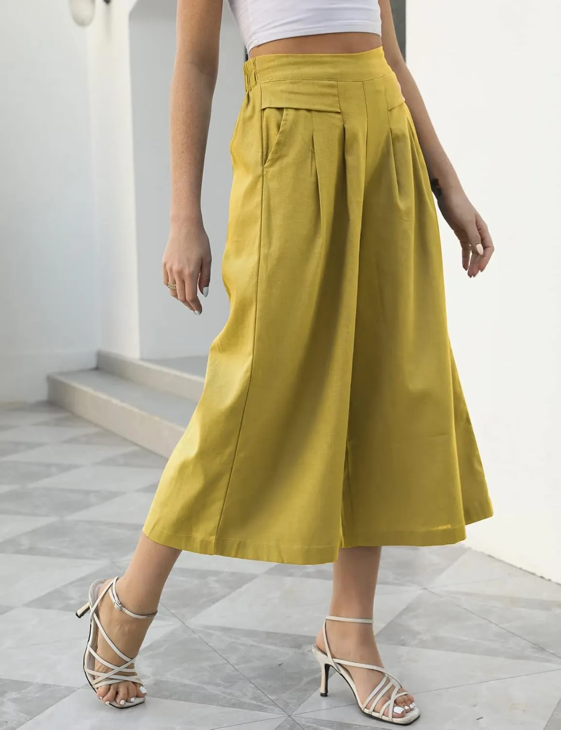 Gihuo Women' s Culottes Linen Blend Wide Leg Pants Elastic Waist Casual Palazzo Trousers with Pockets Capris