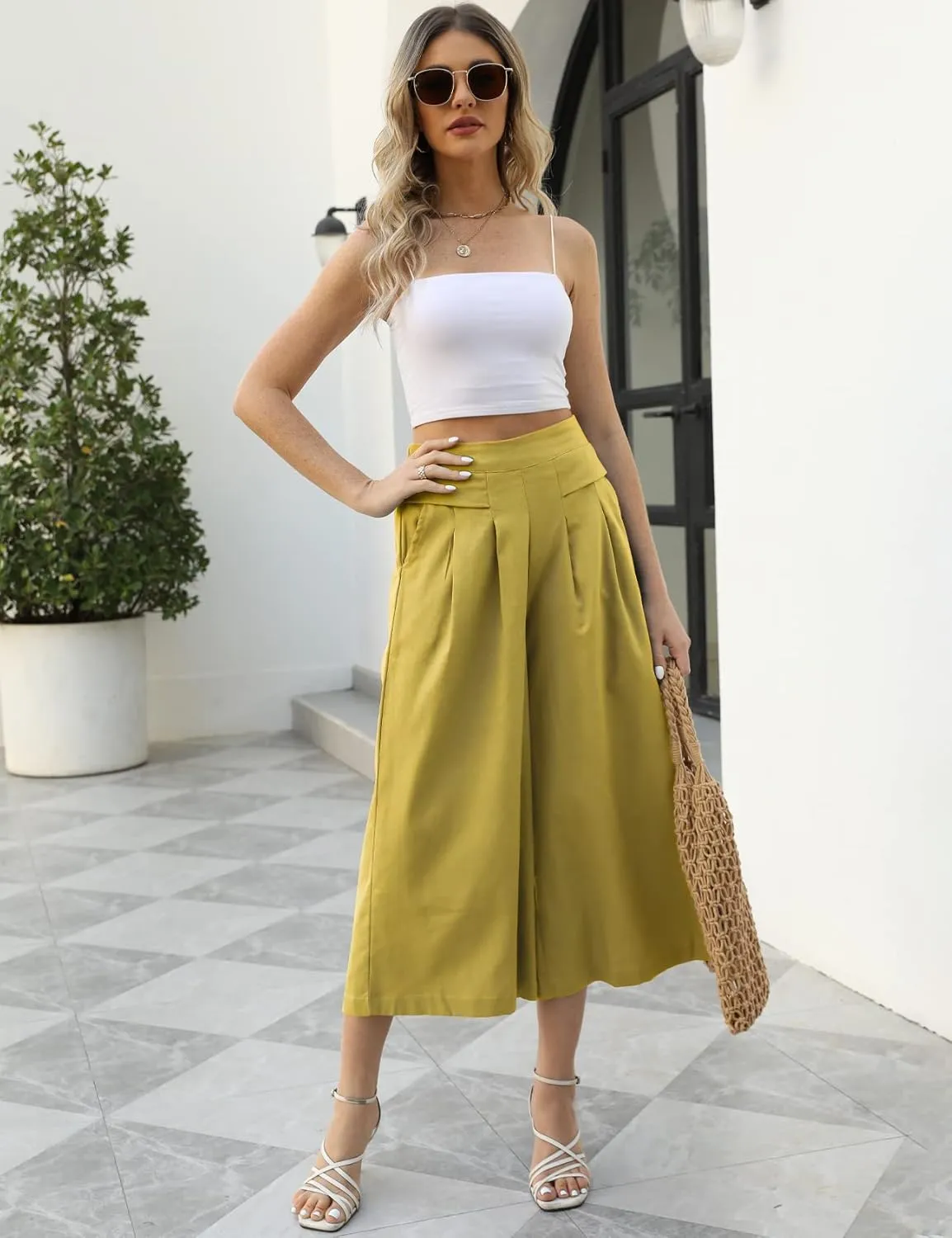 Gihuo Women' s Culottes Linen Blend Wide Leg Pants Elastic Waist Casual Palazzo Trousers with Pockets Capris