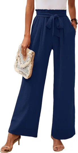 Heymoments Women's Wide Leg Lounge Pants with Pockets Lightweight High Waisted Adjustable Tie Knot Loose Trousers