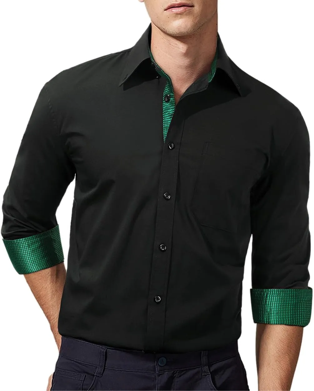 HISDERN Mens Dress Shirts Long Sleeve Button Down Casual Shirts for Men Inner Contrast Formal Business Tuxedo Wedding Shirt