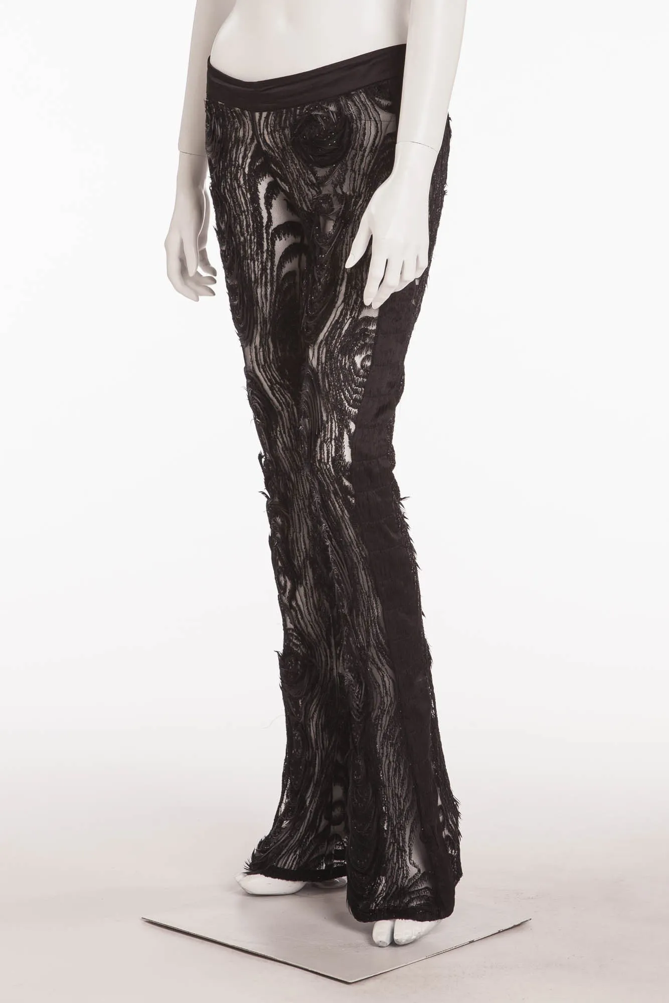 Iconic Tom Ford for Gucci - Collectible Black See Through  Peacock Feather  Embellished Flare Pants - IT 42