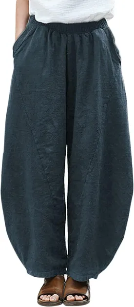 IXIMO Women's Cotton Linen Pants Casual Baggy Elastic Waist Relax Fit Trousers Slacks