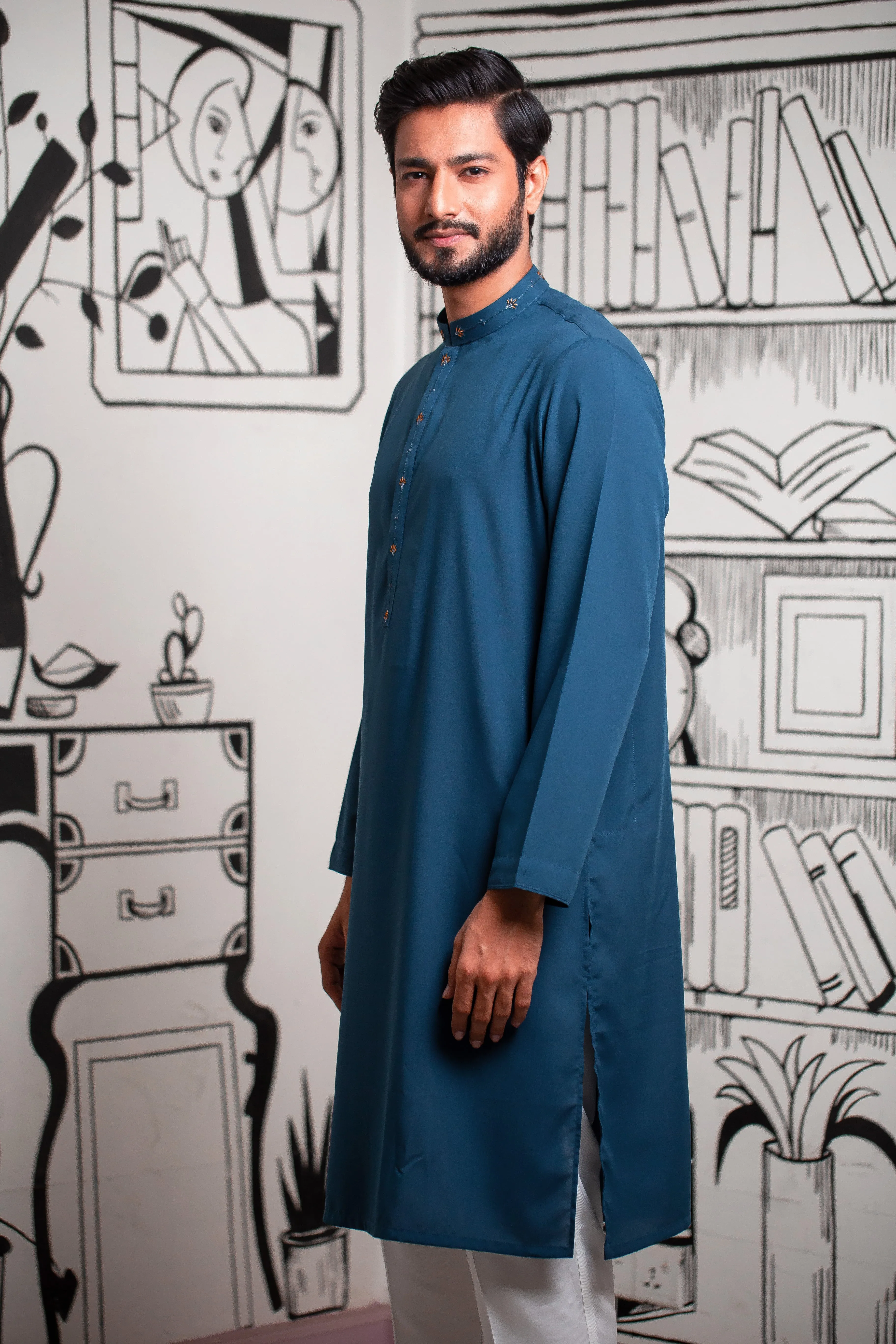 Karchupi Handwork Classic Fit Panjabi In Teal Blue