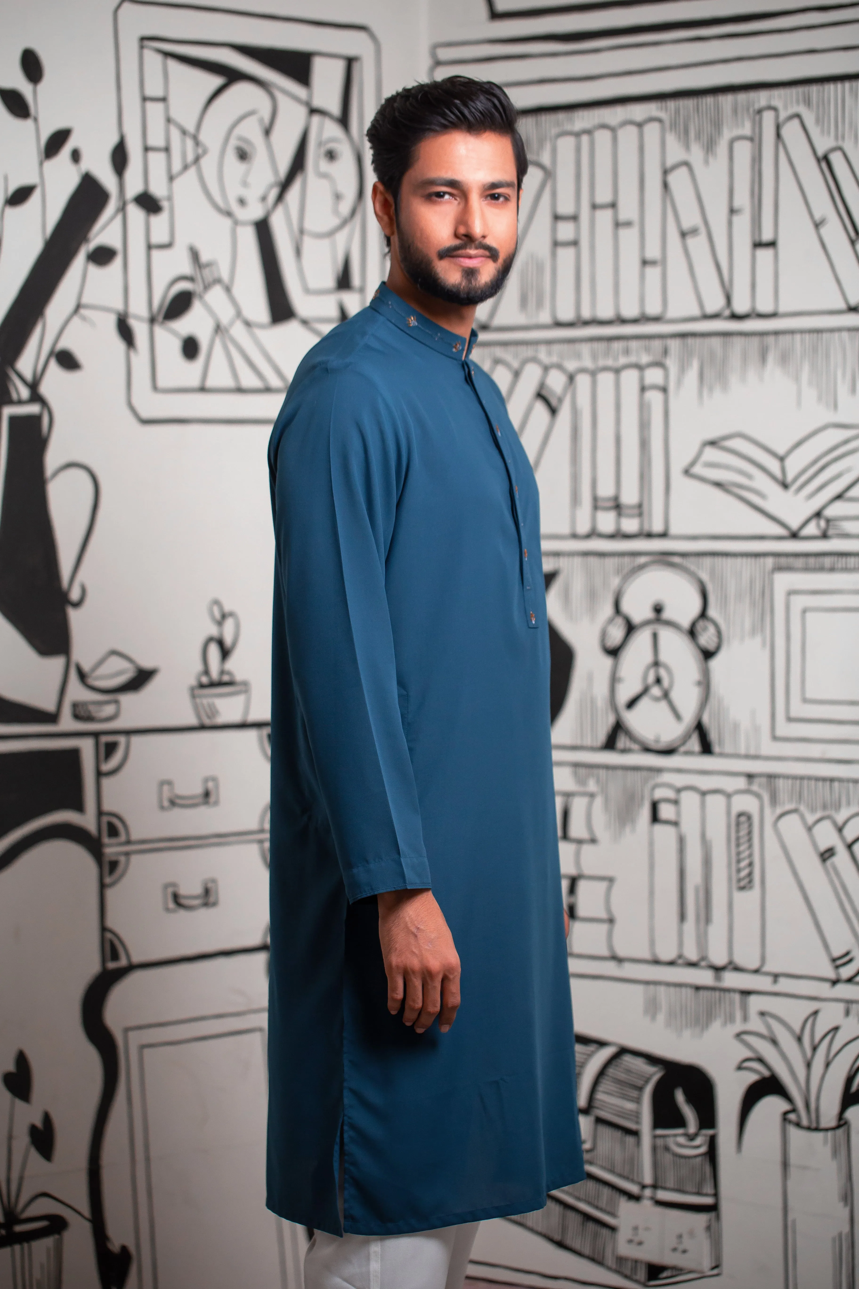 Karchupi Handwork Classic Fit Panjabi In Teal Blue