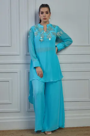 Light Blue Embellished Crepe Silk Kurta Palazzo Set