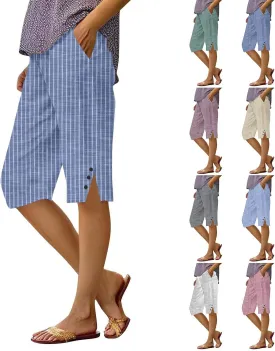 Linen Capri Pants for Women Casual Summer Retro Stripe Bermuda Shorts Light Weight Knee Length Plus Size Trousers