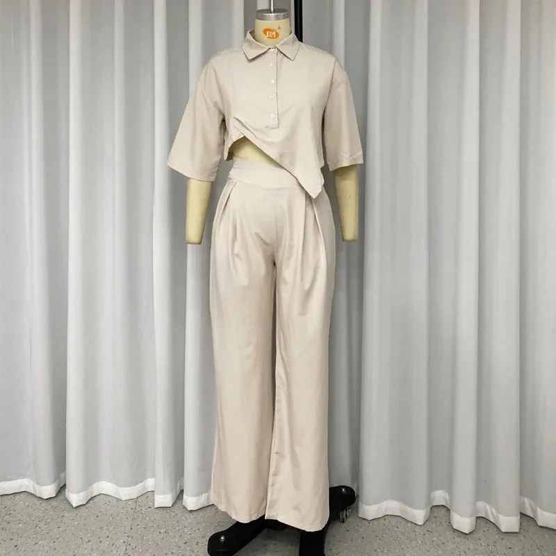 LVSANW efads Women Two Piece Set Casual Lapel Solid Single Breast Half Sleeve Irregular Top Loose Pleated Pants Sets High Streetwear