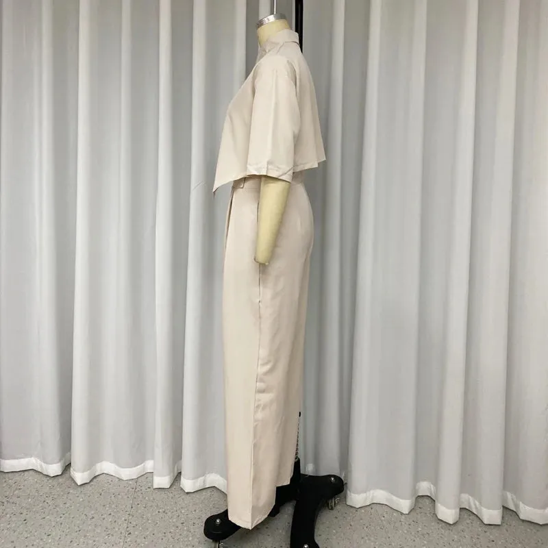 LVSANW efads Women Two Piece Set Casual Lapel Solid Single Breast Half Sleeve Irregular Top Loose Pleated Pants Sets High Streetwear