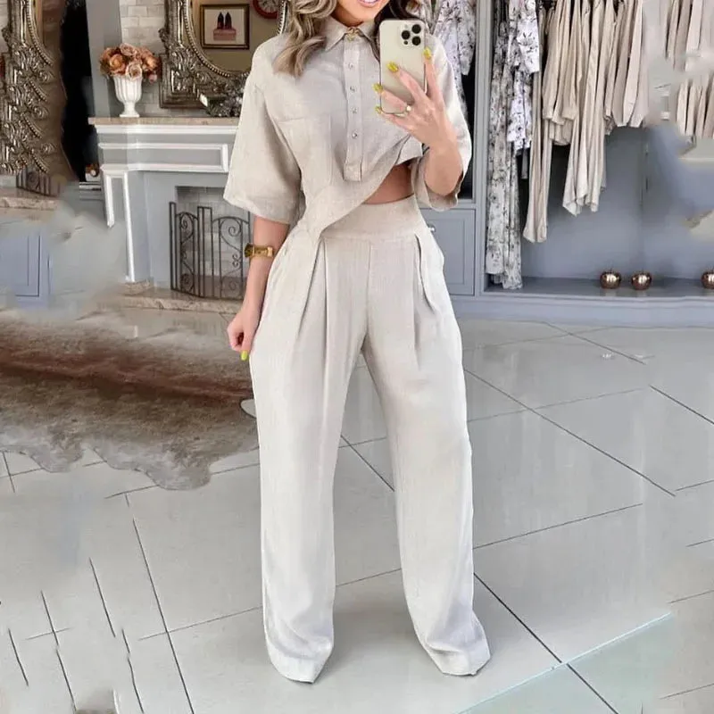 LVSANW efads Women Two Piece Set Casual Lapel Solid Single Breast Half Sleeve Irregular Top Loose Pleated Pants Sets High Streetwear