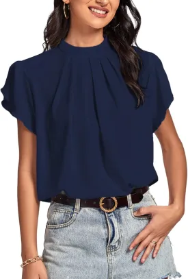 LYANER Womens Casual Mock Neck Basic Pleated Wrap Short Sleeve Curved Keyhole Back Blouse Shirt Top