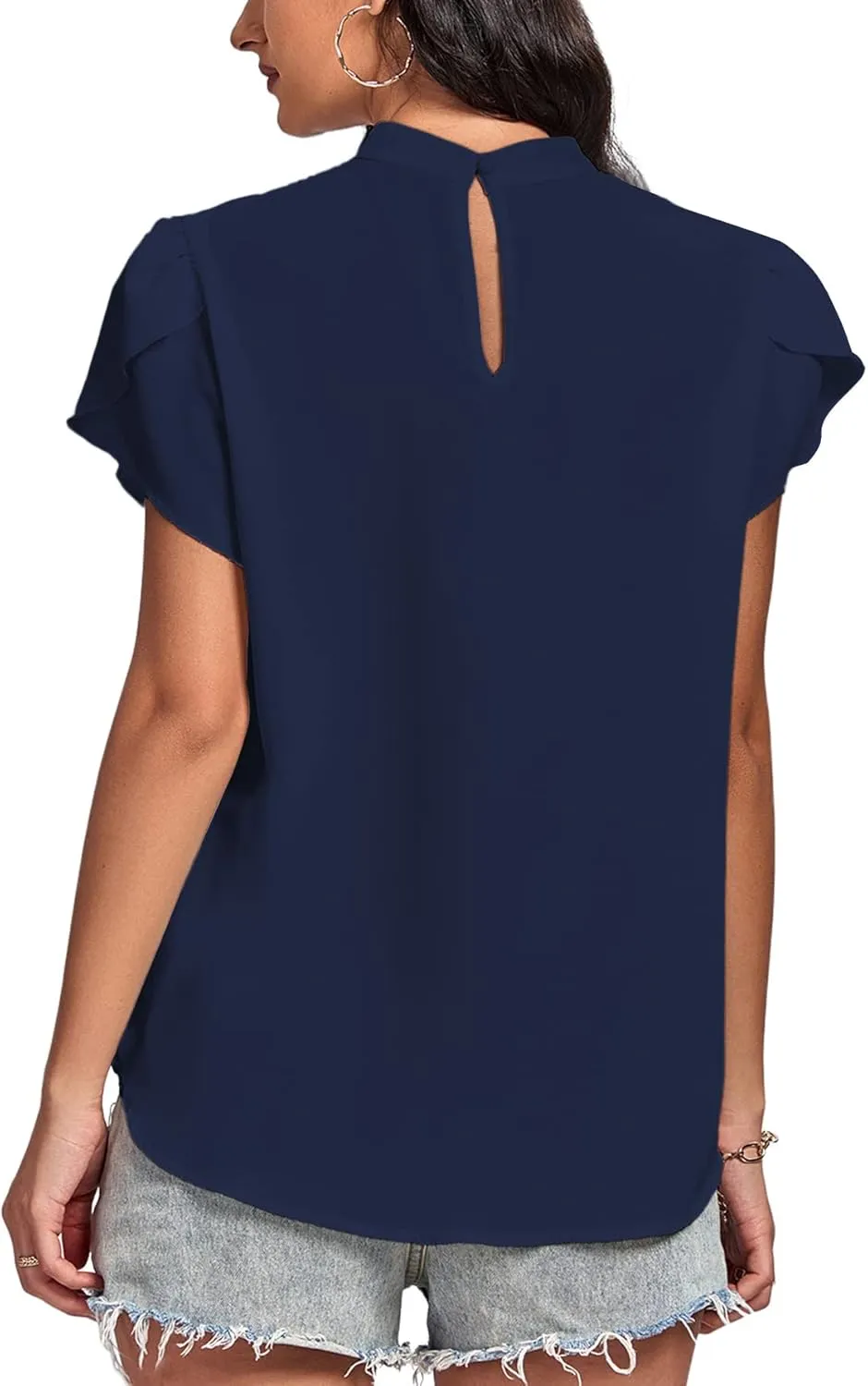 LYANER Womens Casual Mock Neck Basic Pleated Wrap Short Sleeve Curved Keyhole Back Blouse Shirt Top