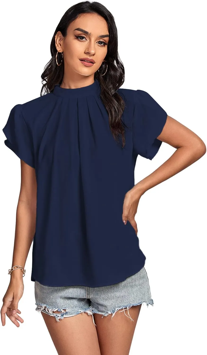 LYANER Womens Casual Mock Neck Basic Pleated Wrap Short Sleeve Curved Keyhole Back Blouse Shirt Top