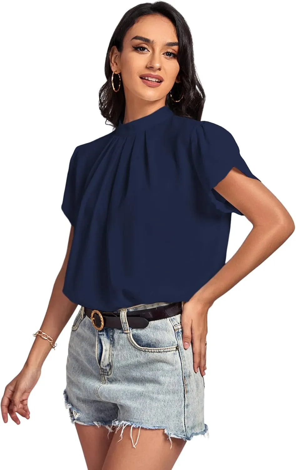 LYANER Womens Casual Mock Neck Basic Pleated Wrap Short Sleeve Curved Keyhole Back Blouse Shirt Top