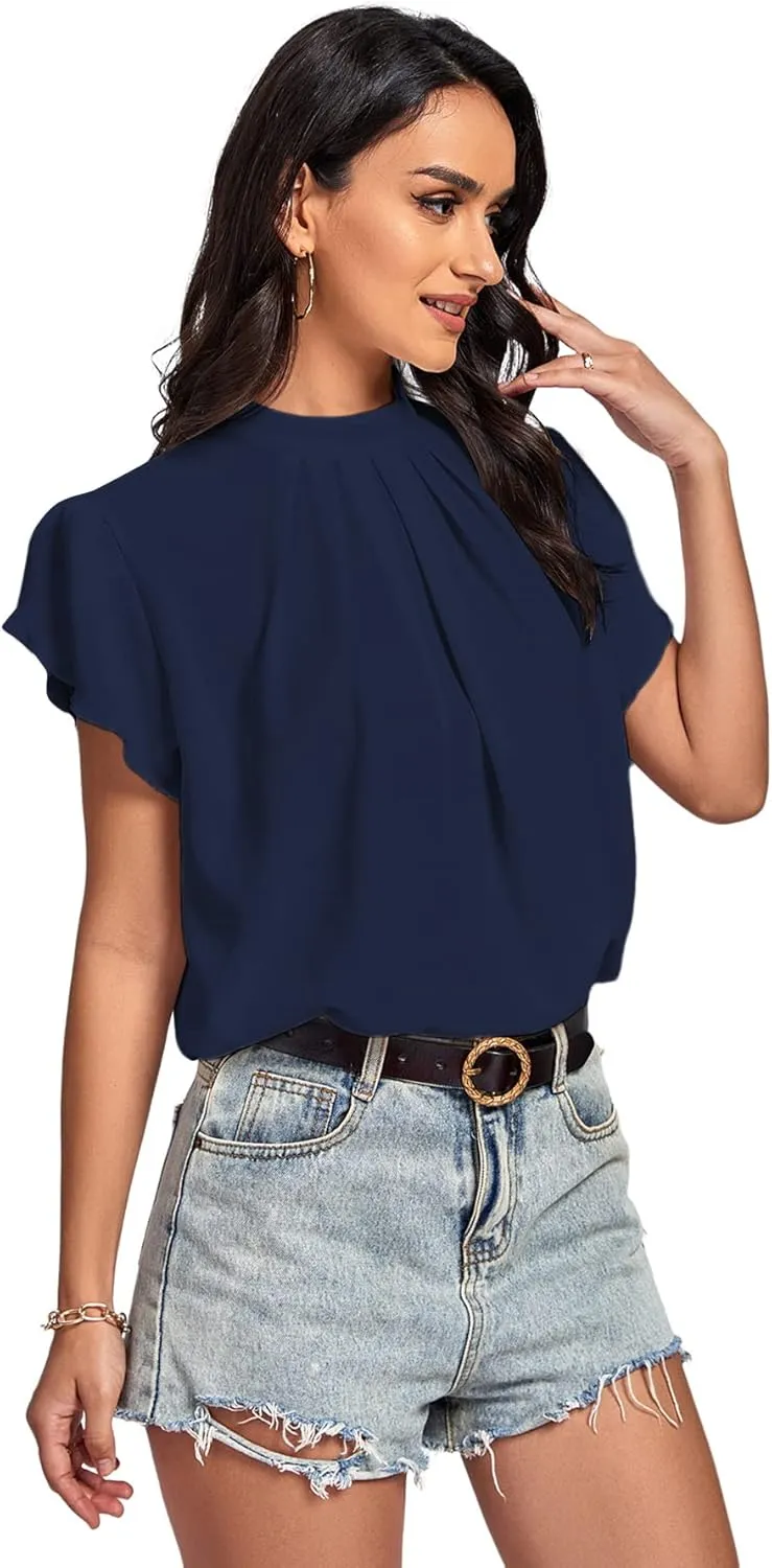 LYANER Womens Casual Mock Neck Basic Pleated Wrap Short Sleeve Curved Keyhole Back Blouse Shirt Top