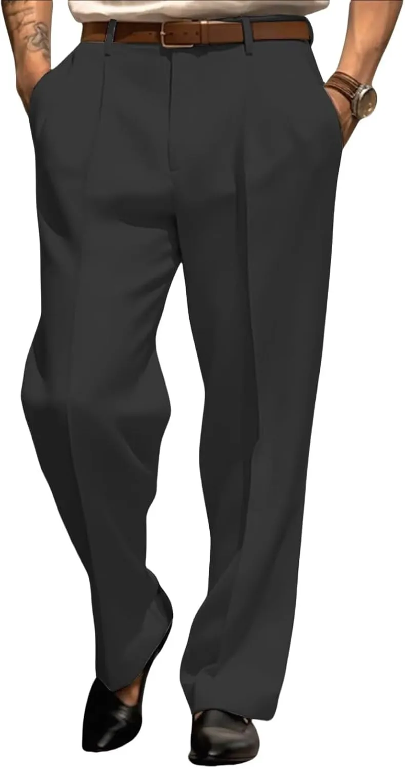 Mens Dress Pants Straight Leg Pleat-Front Casual Suit Pants Plain Comfort Work Office Business Lounge Trouser Long