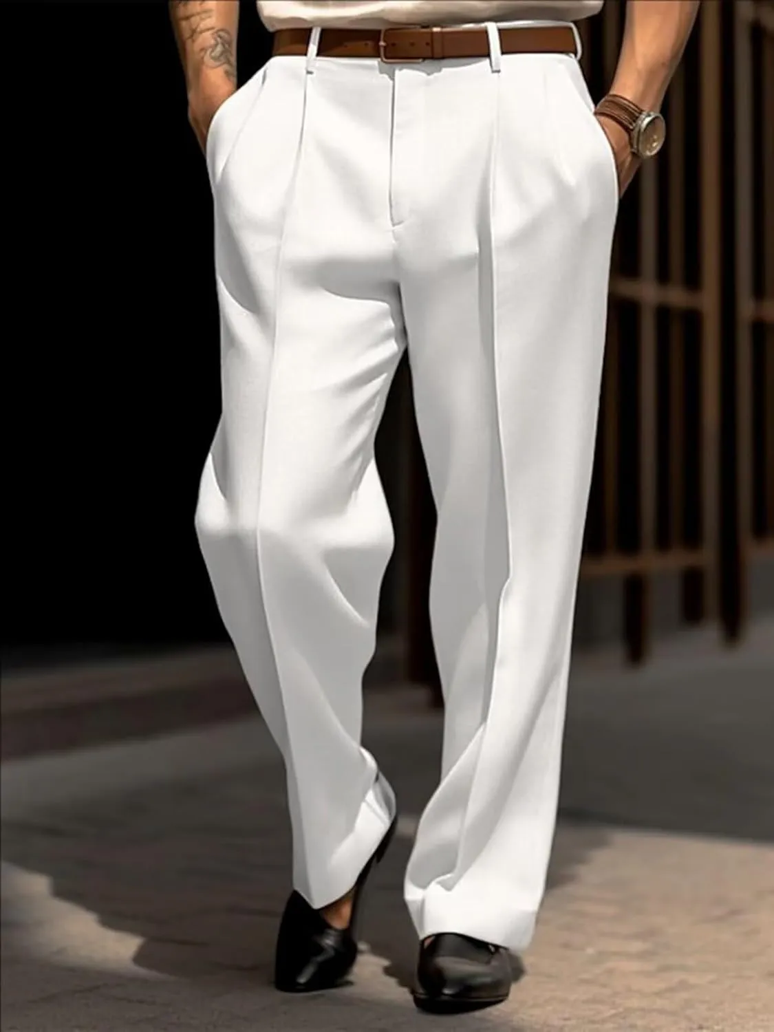 Mens Dress Pants Straight Leg Pleat-Front Casual Suit Pants Plain Comfort Work Office Business Lounge Trouser Long