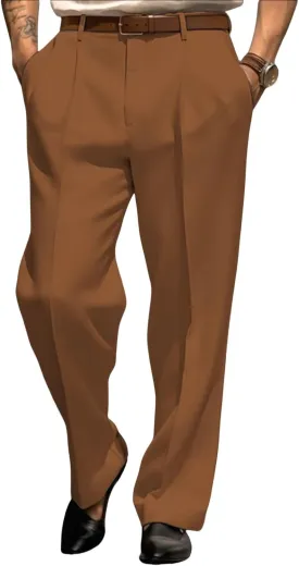 Mens Dress Pants Straight Leg Pleat-Front Casual Suit Pants Plain Comfort Work Office Business Lounge Trouser Long